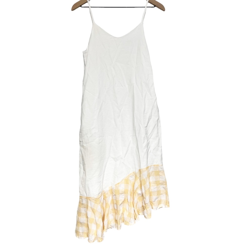 ANDWELLDRESSED Womens Asymmetric Hem Midi Dress Size Medium White Yellow Gingham